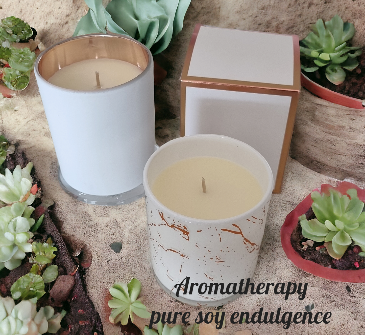 Aromatherapy candle in marbled tumbler with lid.